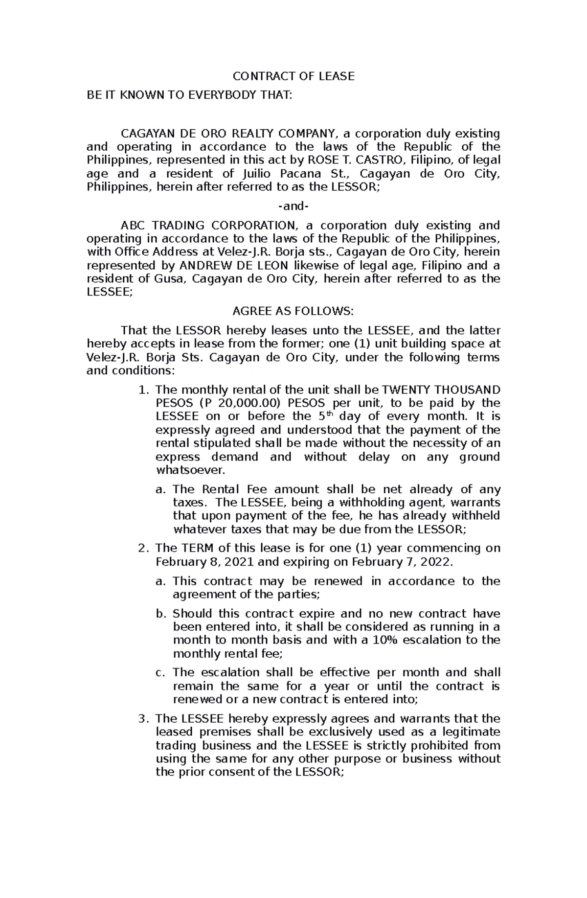 Sample Contract To Sell