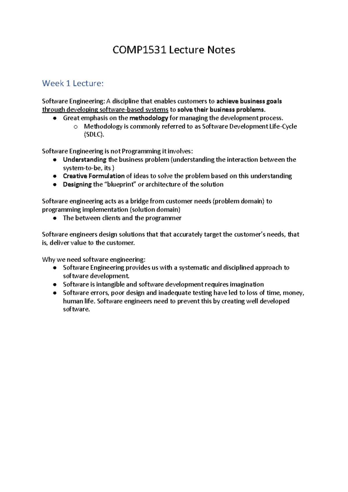 COMP1531 Software Engineering Lecture Notes: Week 1 & 2 Overview - Studocu