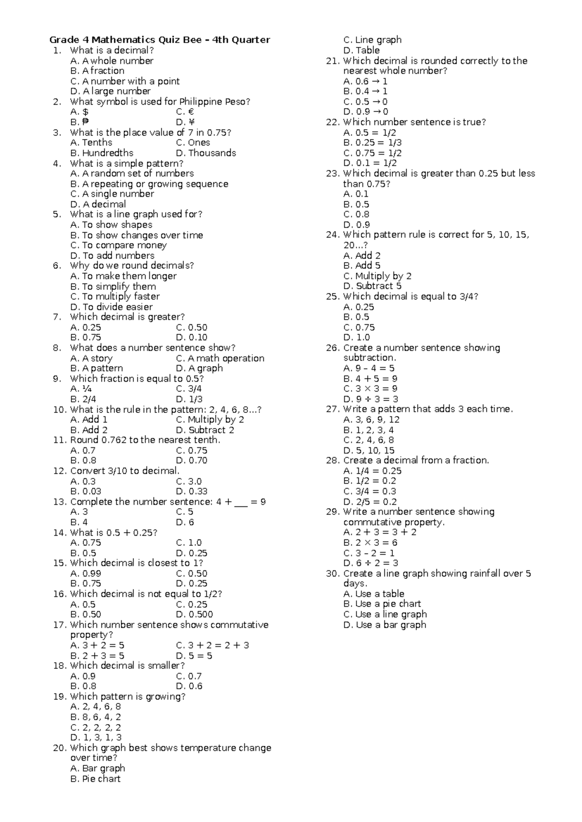 Grade 4 Math Quiz Bee: 4th Quarter Review and Questions - Studocu