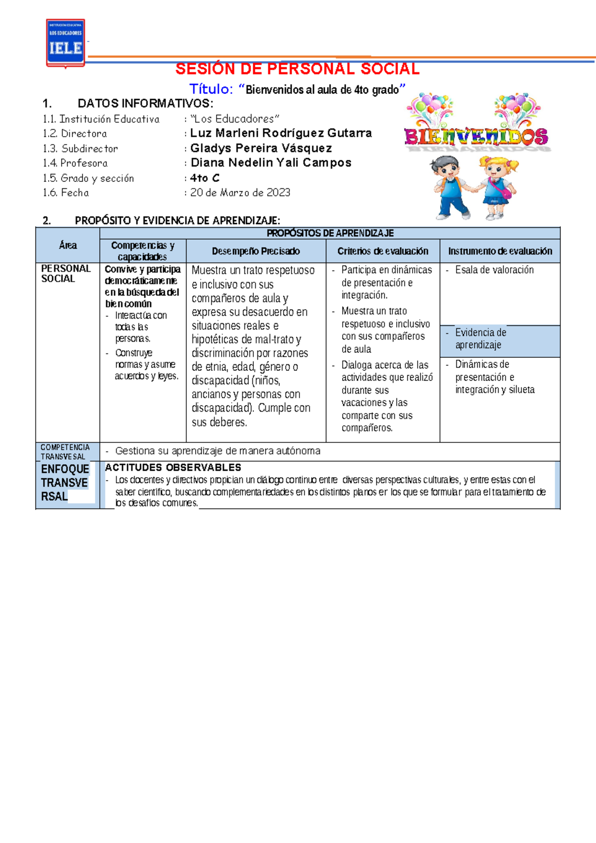 Sesión de Personal Social 4to Grado - Bienvenida y Dinámicas de ...