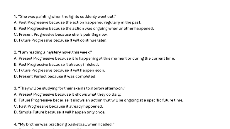 ENGS - Past and Present Progressive Tenses Practice Questions - Studocu