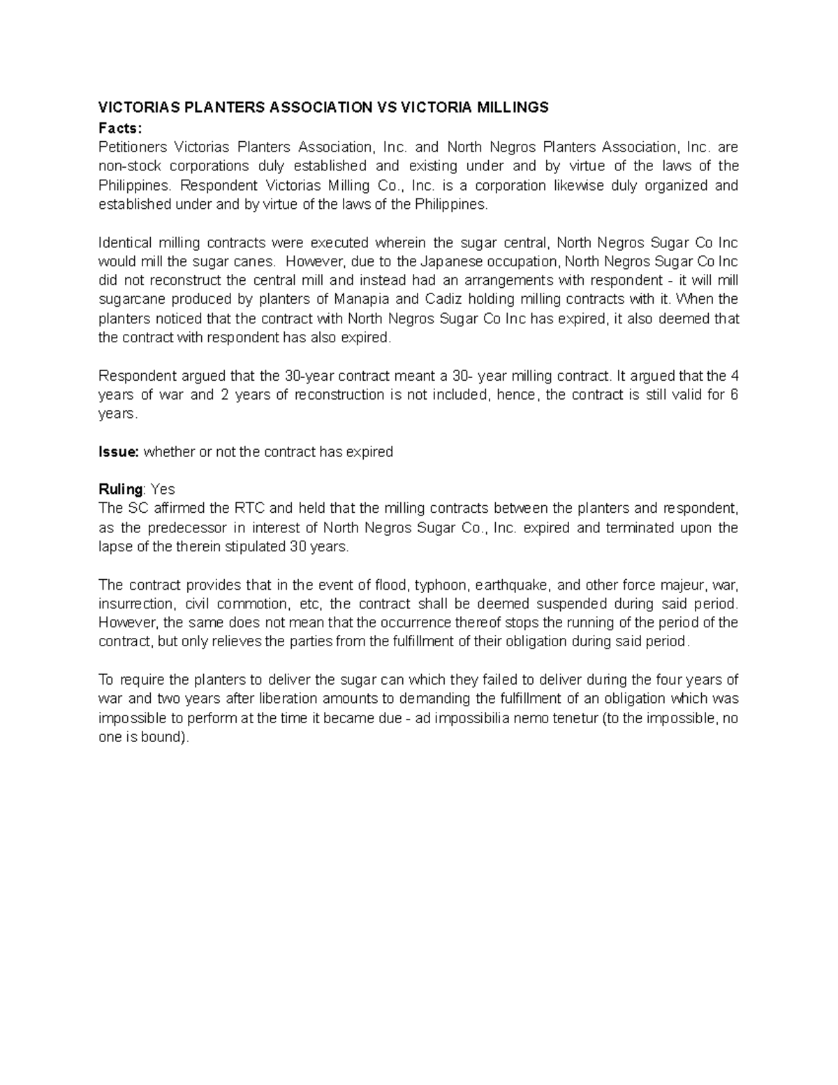 24 VICTORIAS PLANTERS ASSN VS VICTORIA MILLINGS Case Summary - Studocu