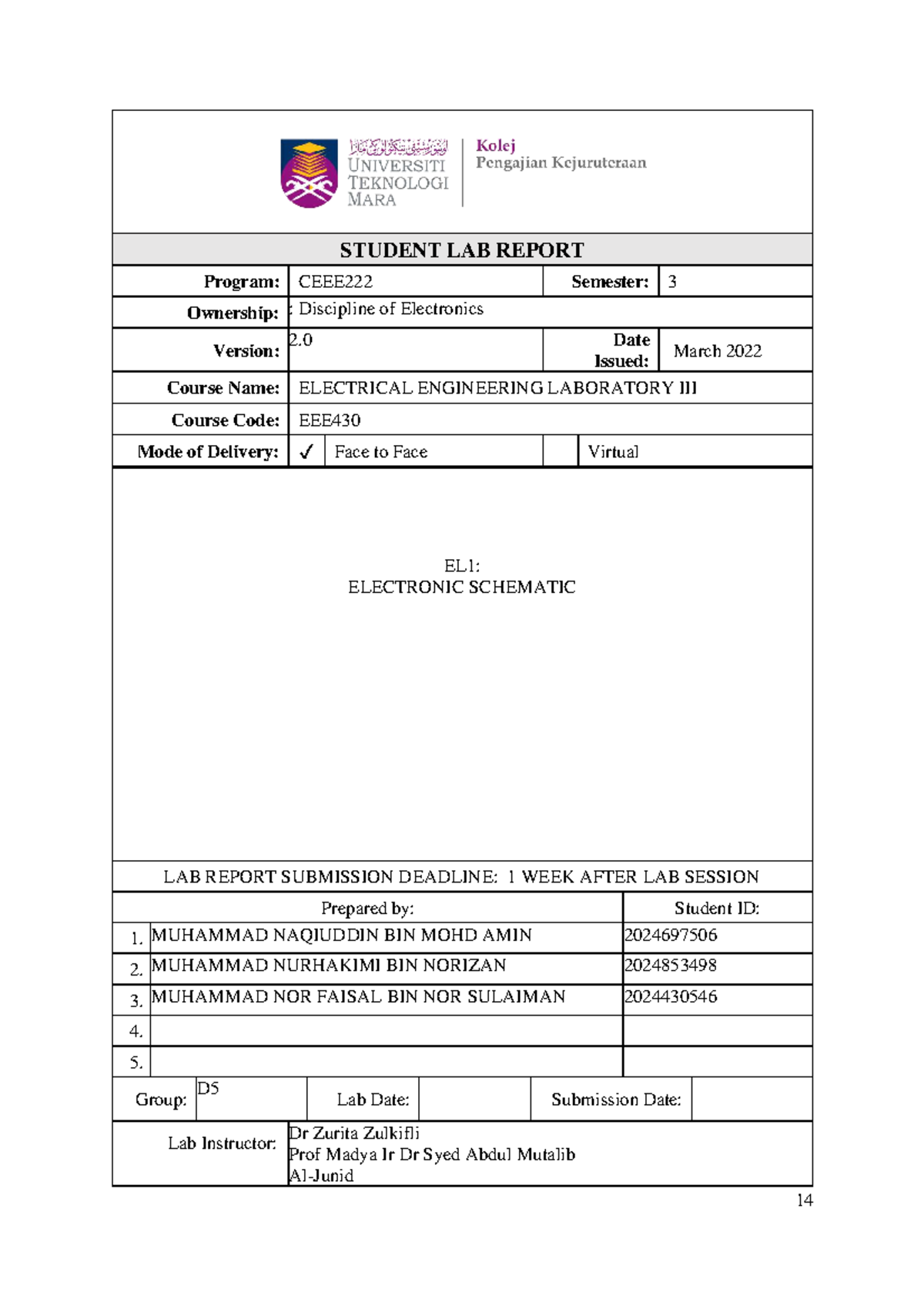 EL1: Electronics Lab Report - Group D5 Submission March 2022 - Studocu