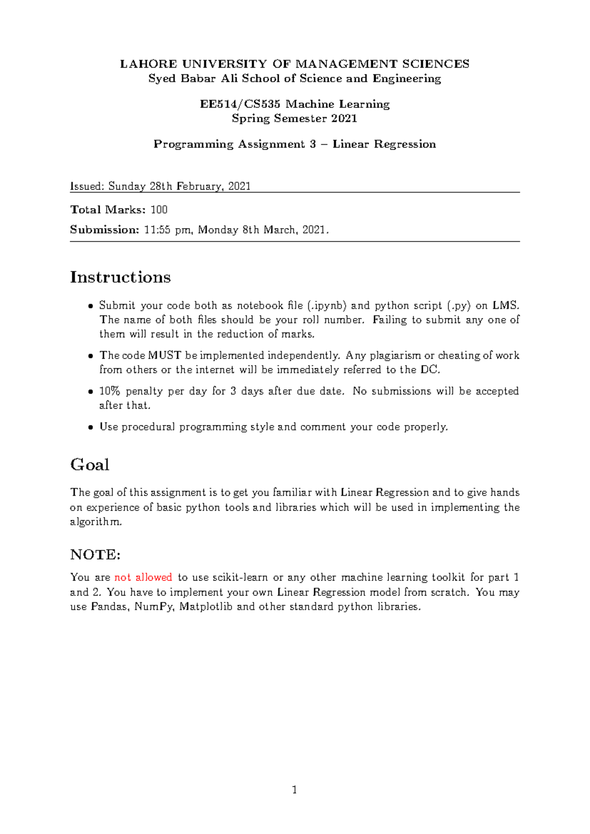 LUMS SE Machine Learning Spring 2021: Assignment 3 - Linear Regression ...