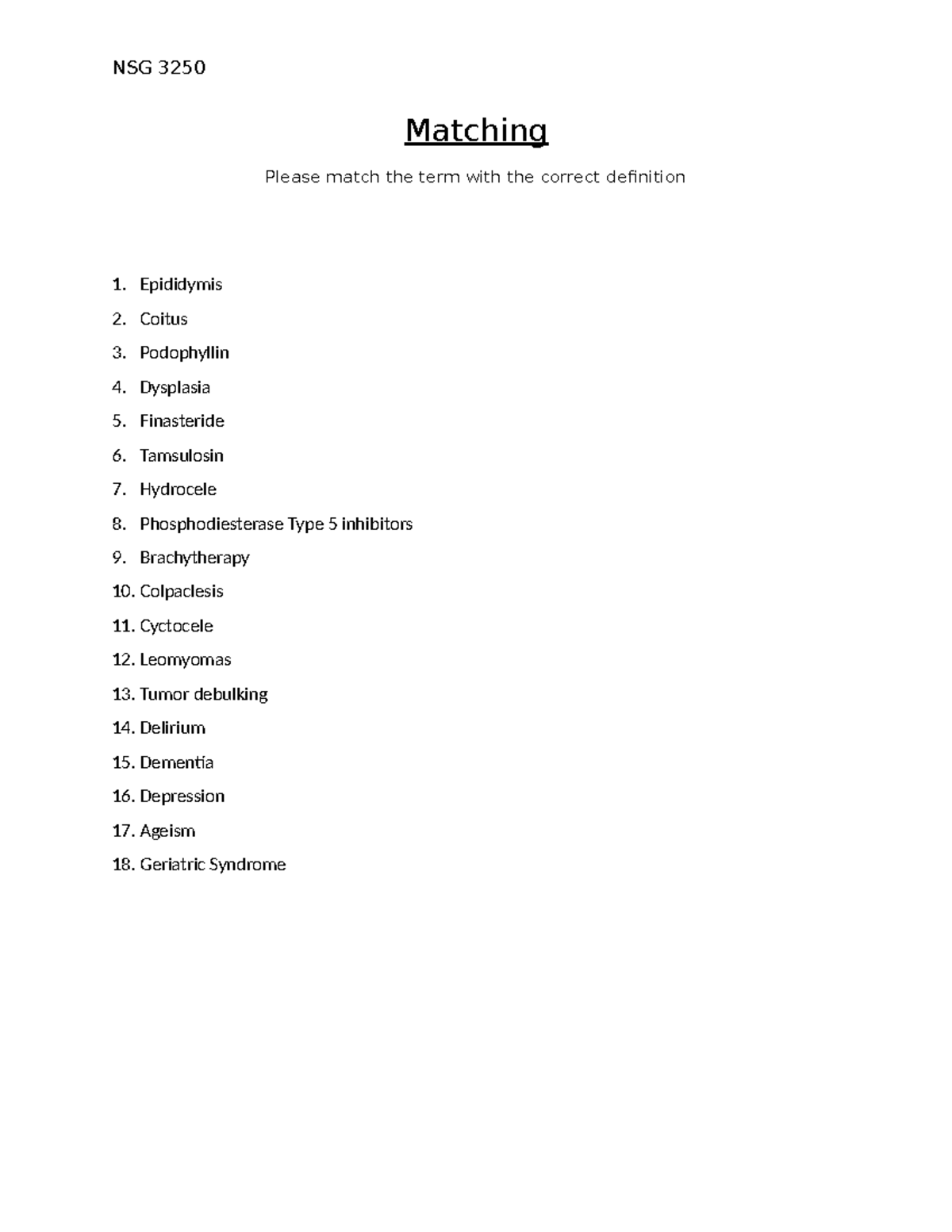NSG 3250 Final Exam Matching Terms and Definitions - Studocu