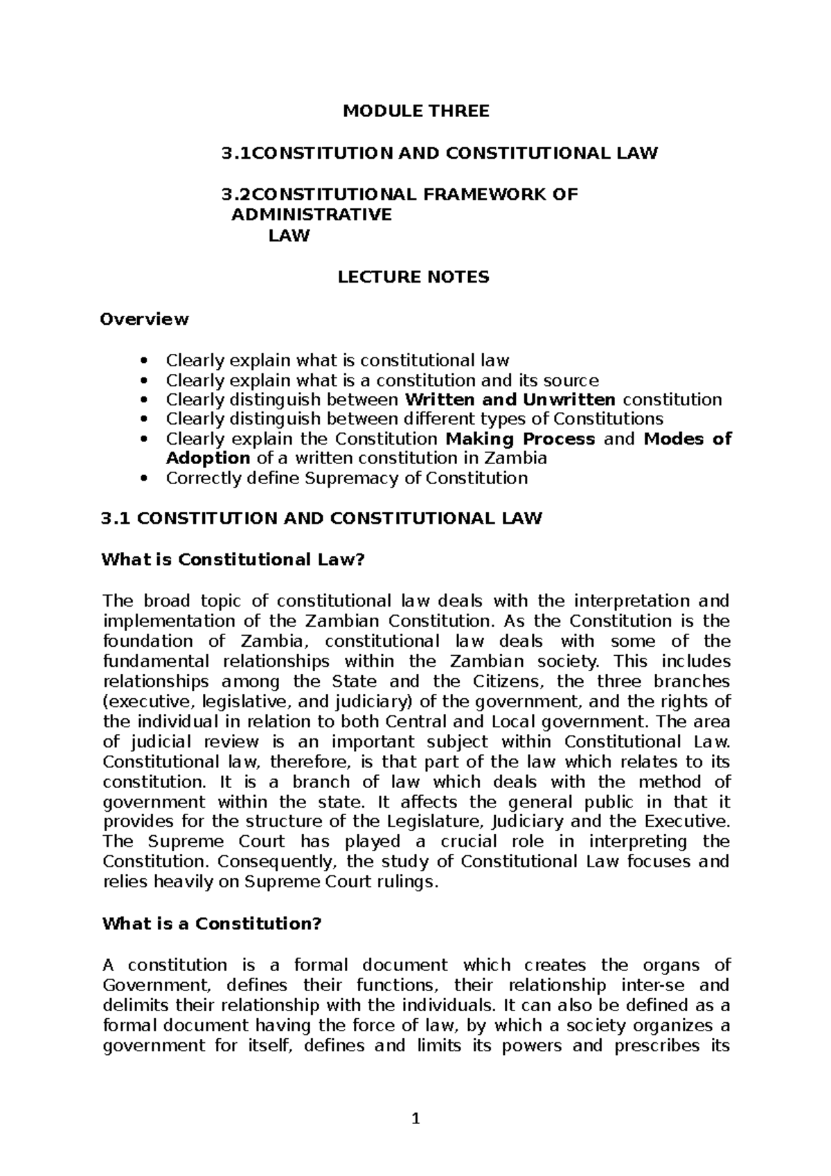 Lecture Notes - Constitutional Law Overview (Module 3) - Studocu