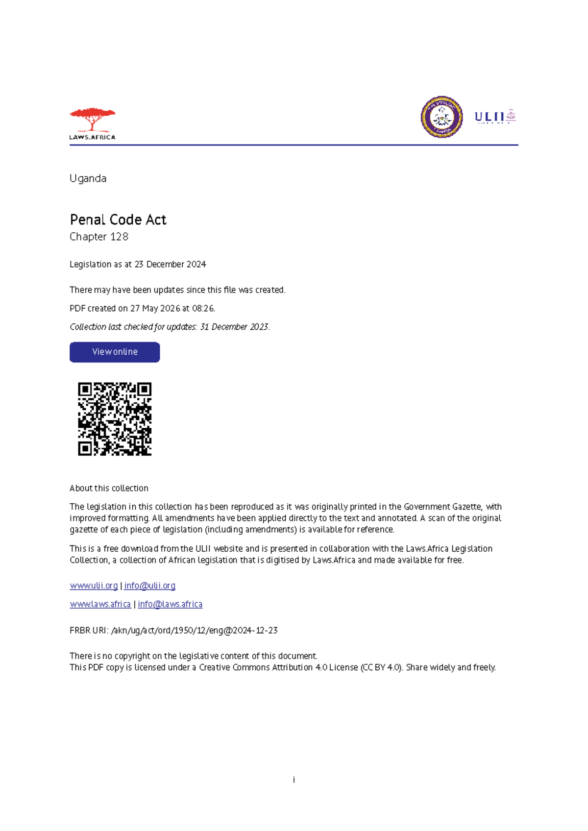 Uganda Penal Code Act Chapter 128: Updated Legislation as of 2024 - Studocu