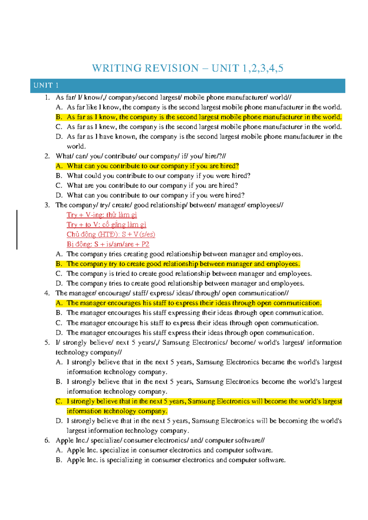 Writing Revision Notes for Units 1 to 5 - Course 12345 - SV - Studocu