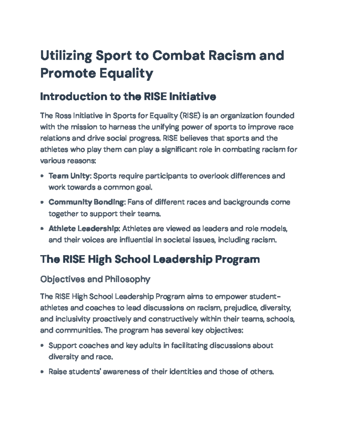 RISE Initiative: Leveraging Sports to Combat Racism and Promote ...