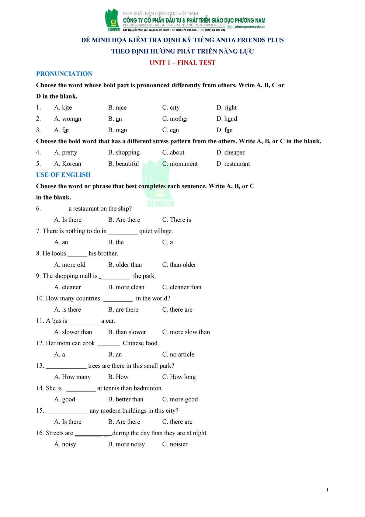Tiếng Anh 6 Friends Plus Unit 1 Final Test Đề Minh Họa Kiểm Tra - Studocu