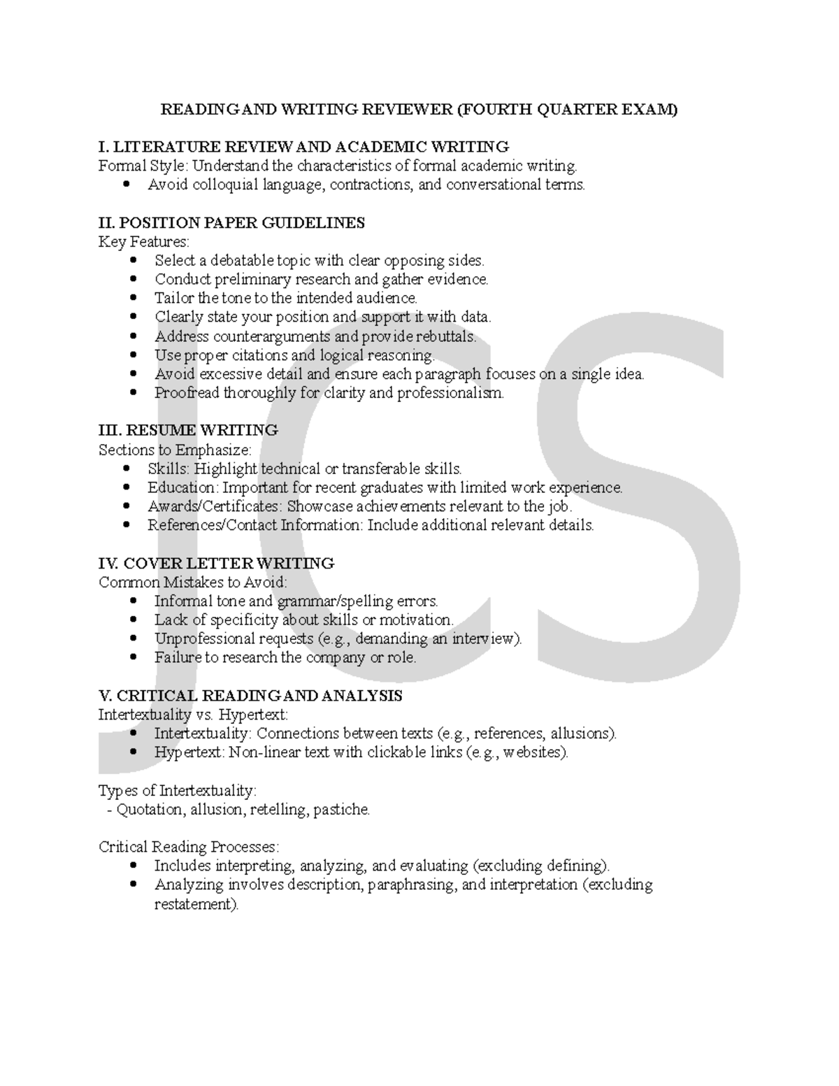 READING AND WRITING REVIEWER (4TH QTR EXAM): LIT & WRITING GUIDELINES ...