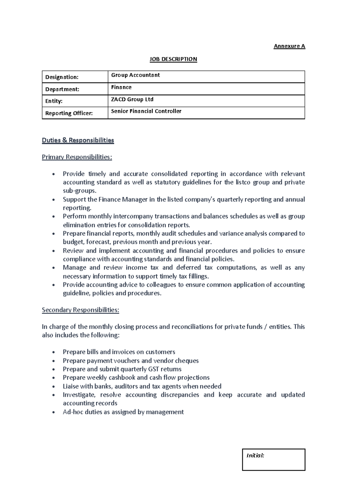 Group Accountant Job Description - Annexure A for ZACD Group Ltd - Studocu