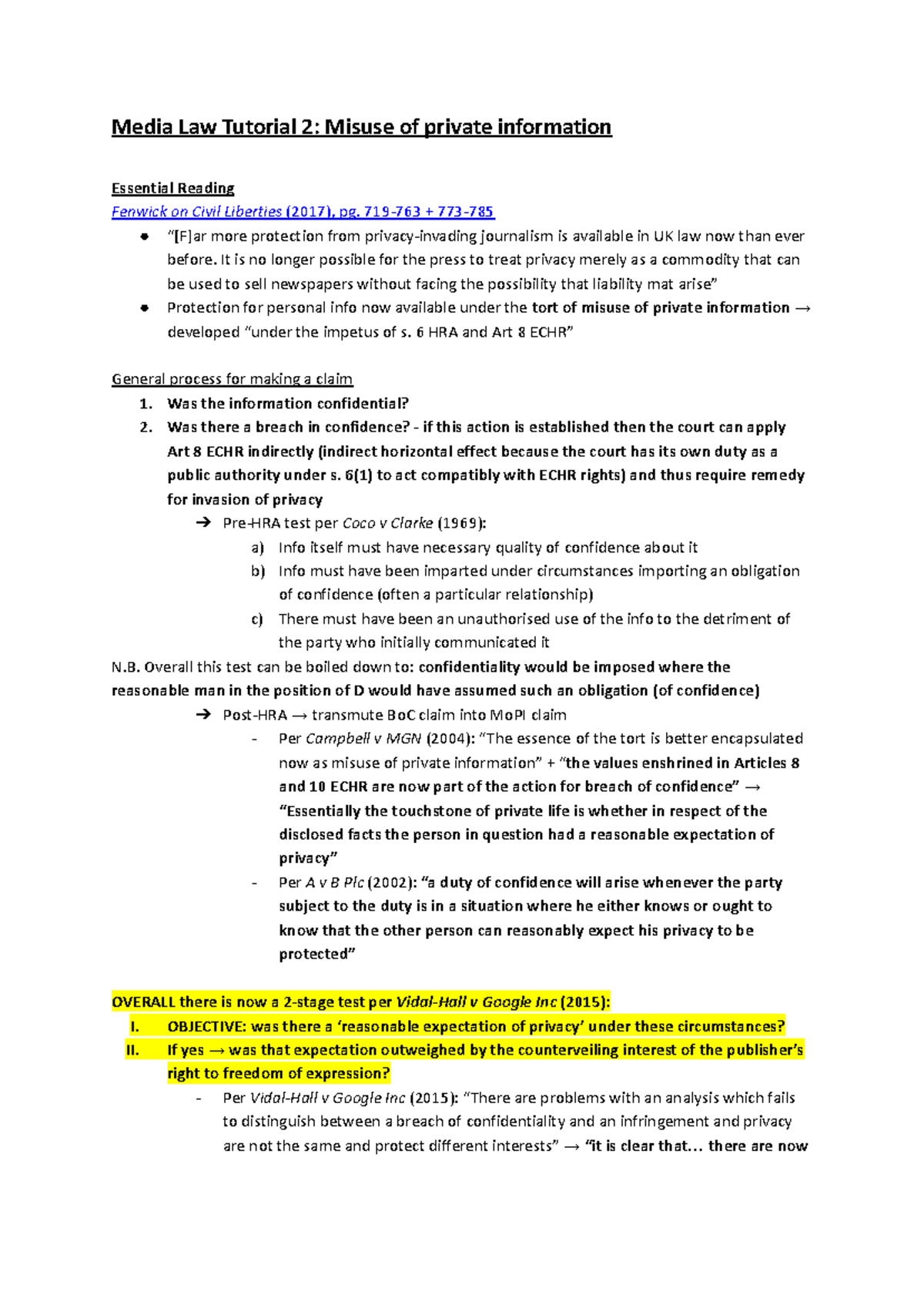 Media Law Tutorial 2: Understanding Misuse of Private Information - Studocu