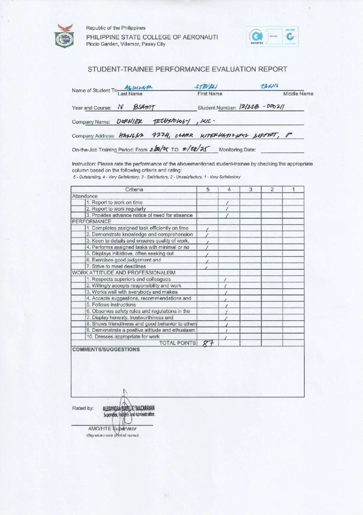PHILIPPINE STATE COLLEGE OF AERONAUTICS ISO 9001 Performance Eval ...