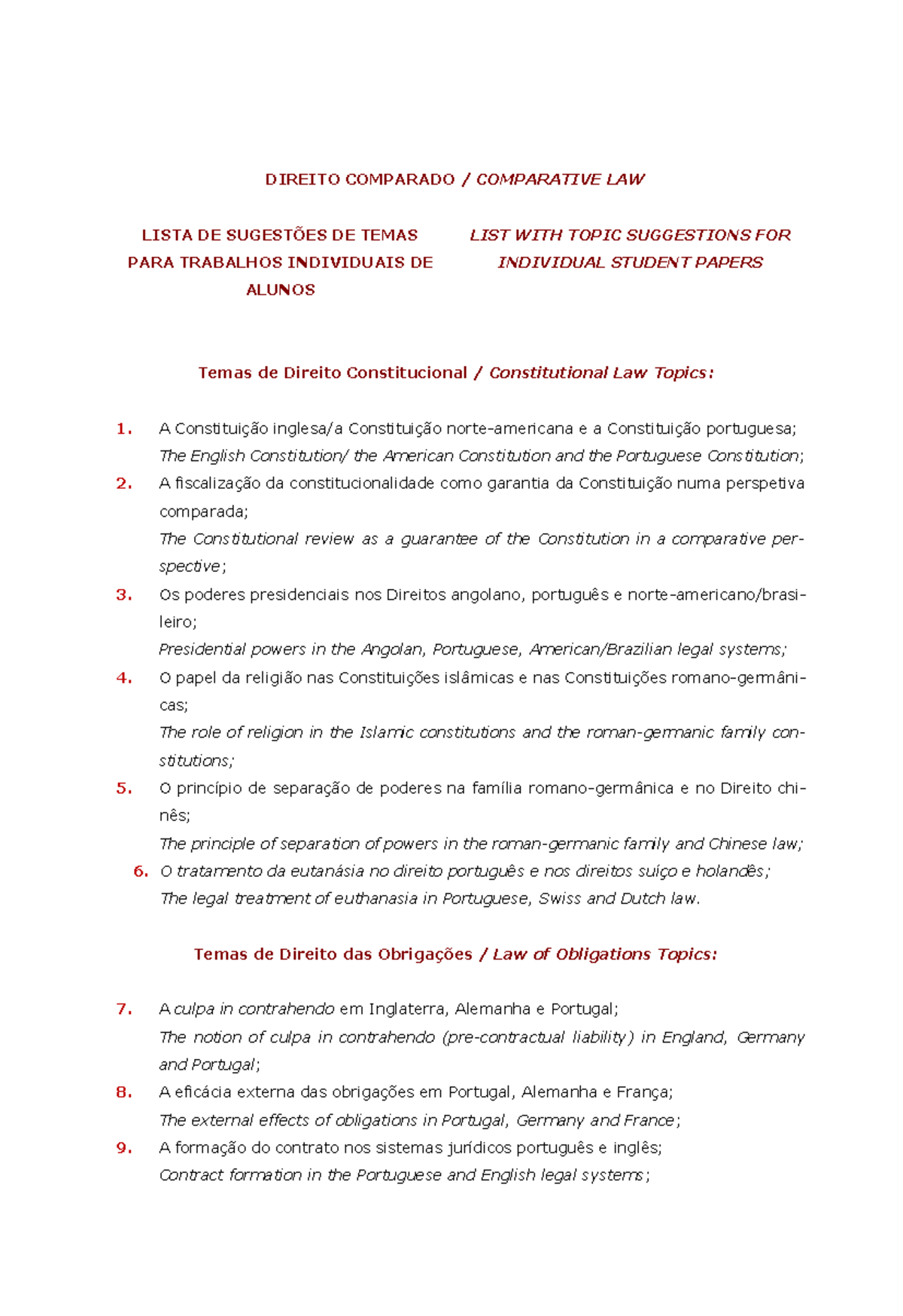 DIREITO COMPARADO / COMPARATIVE LAW: SUGESTÕES DE TEMAS PARA TRABALHOS ...