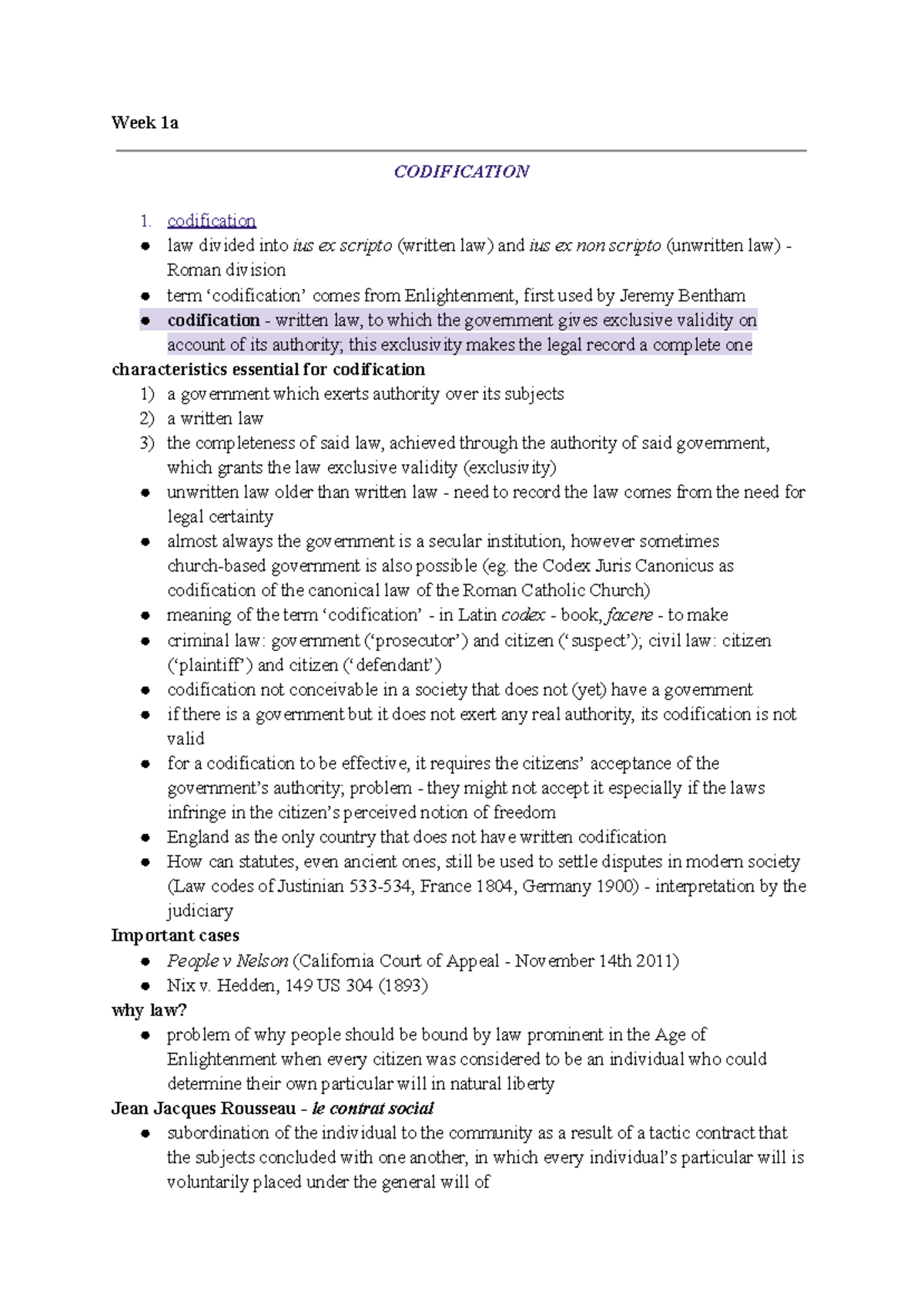 Legal History Notes Week 1: Codification and Key Concepts - Studeersnel
