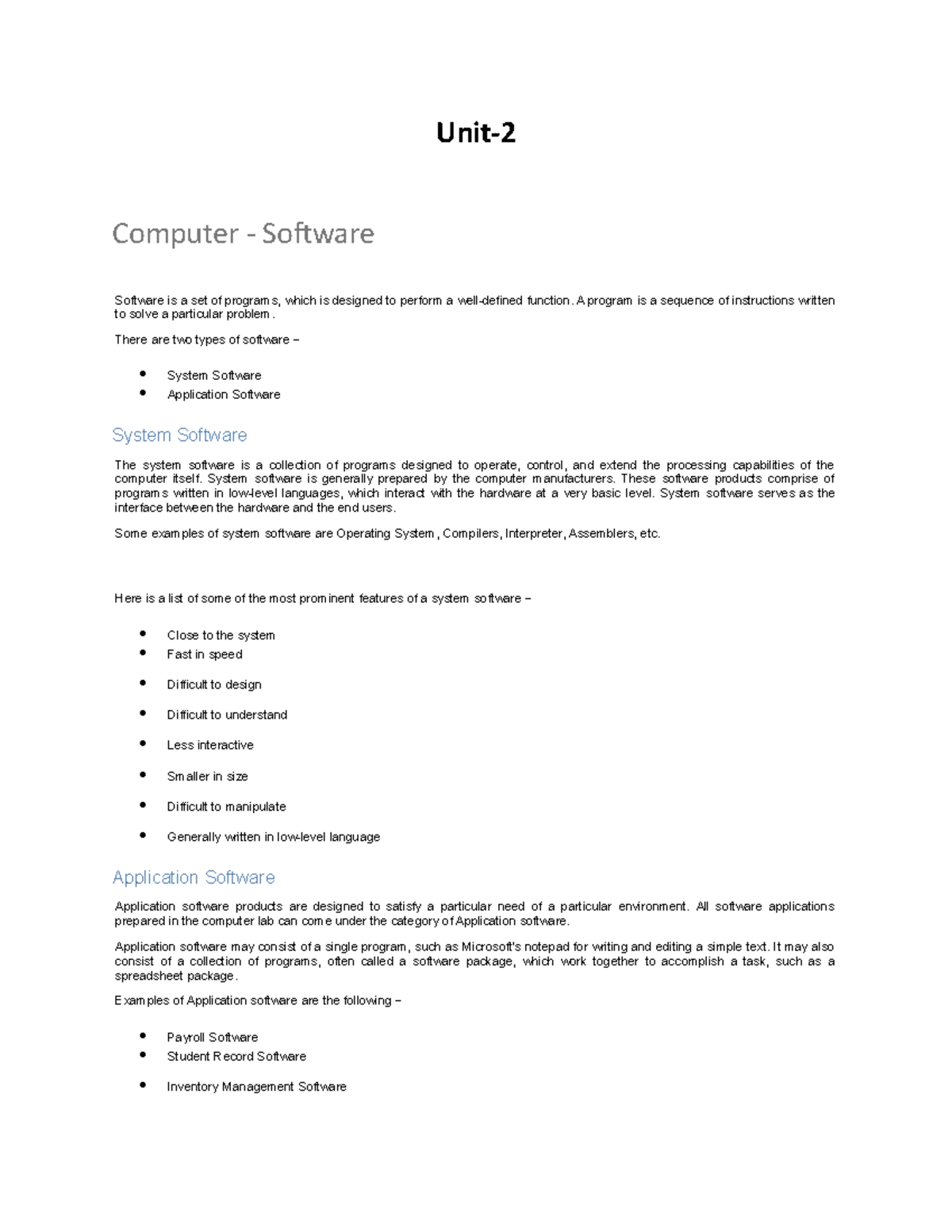 Fciit unit 2 - Unit- Computer - Software Software is a set of programs ...