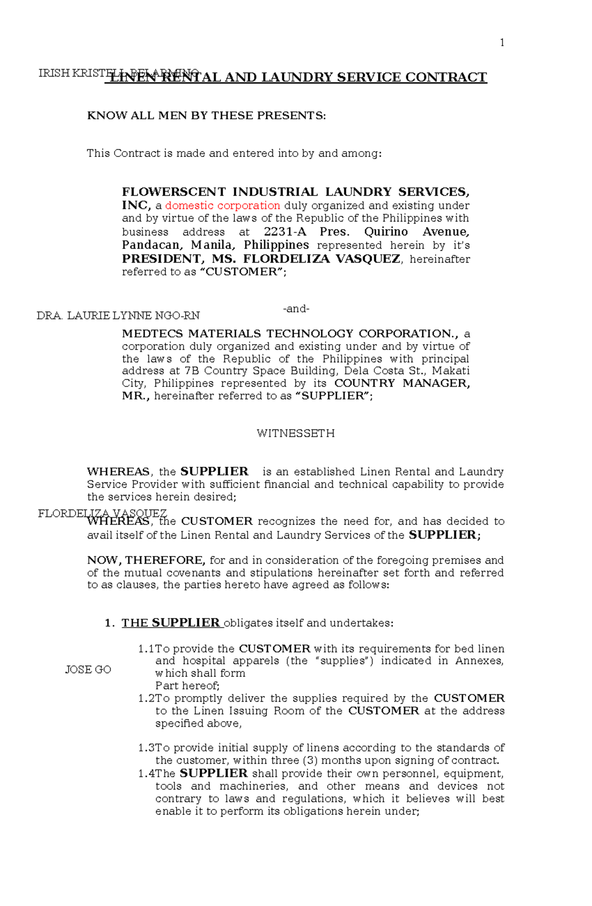 Linen Rental & Laundry Service Contract (Flowerscent & Metropolitan ...
