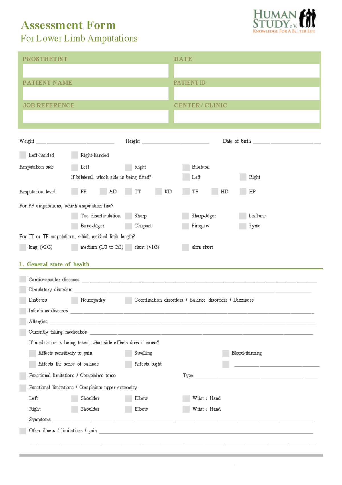 Assessment Form for Lower Limb Amputations - Patient Care Documentation ...