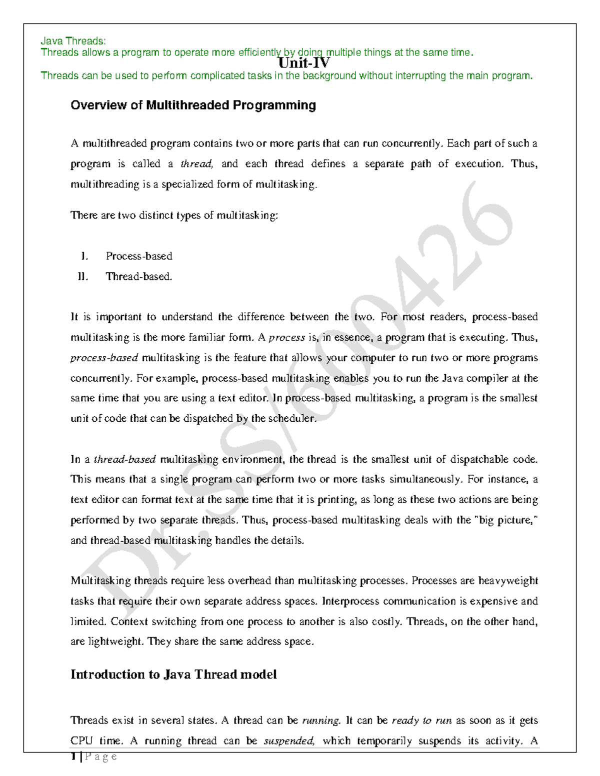 Java Multithreading Concepts: Unit IV Notes for MCA Course - Studocu