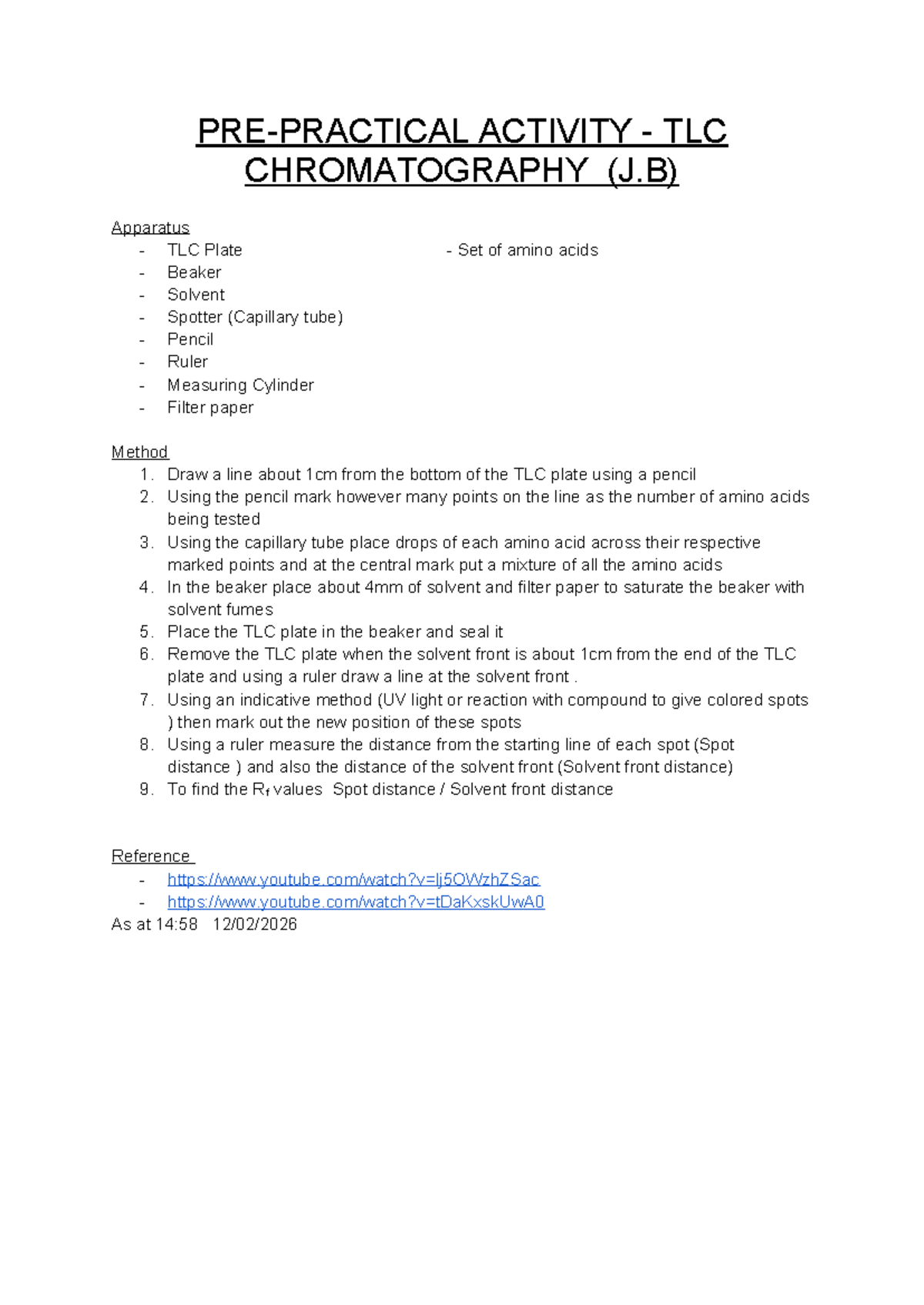 PRE- Practical Activity - TLC Chromatography (J.B) Methods & Apparatus ...