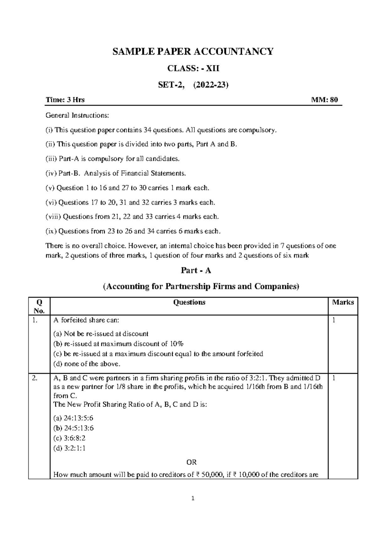 Accountancy Sample Paper Class 12, SET-2, 2022-23 Exam - Studocu