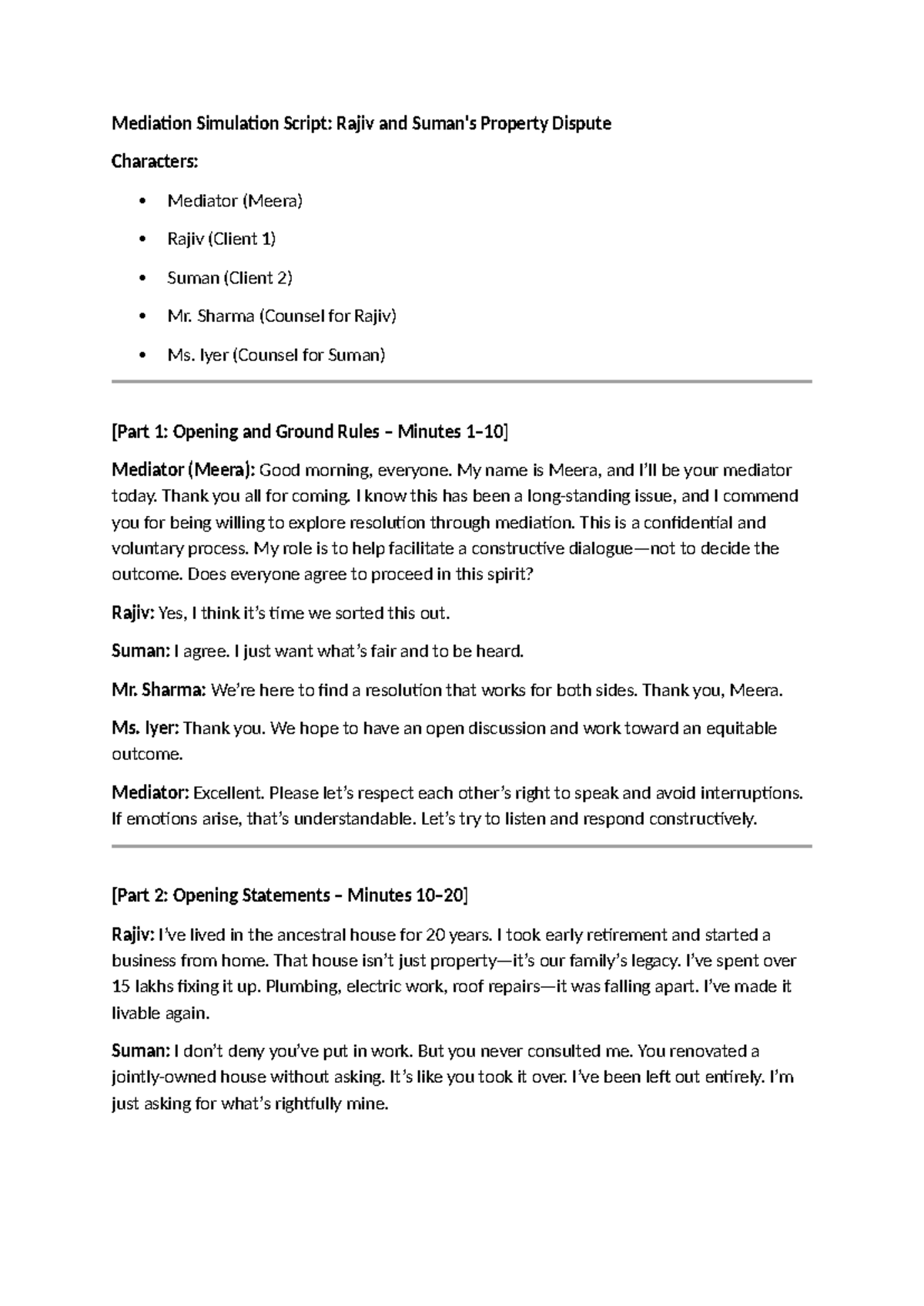 Mediation Simulation Script: Rajiv vs. Suman Property Dispute - Studocu