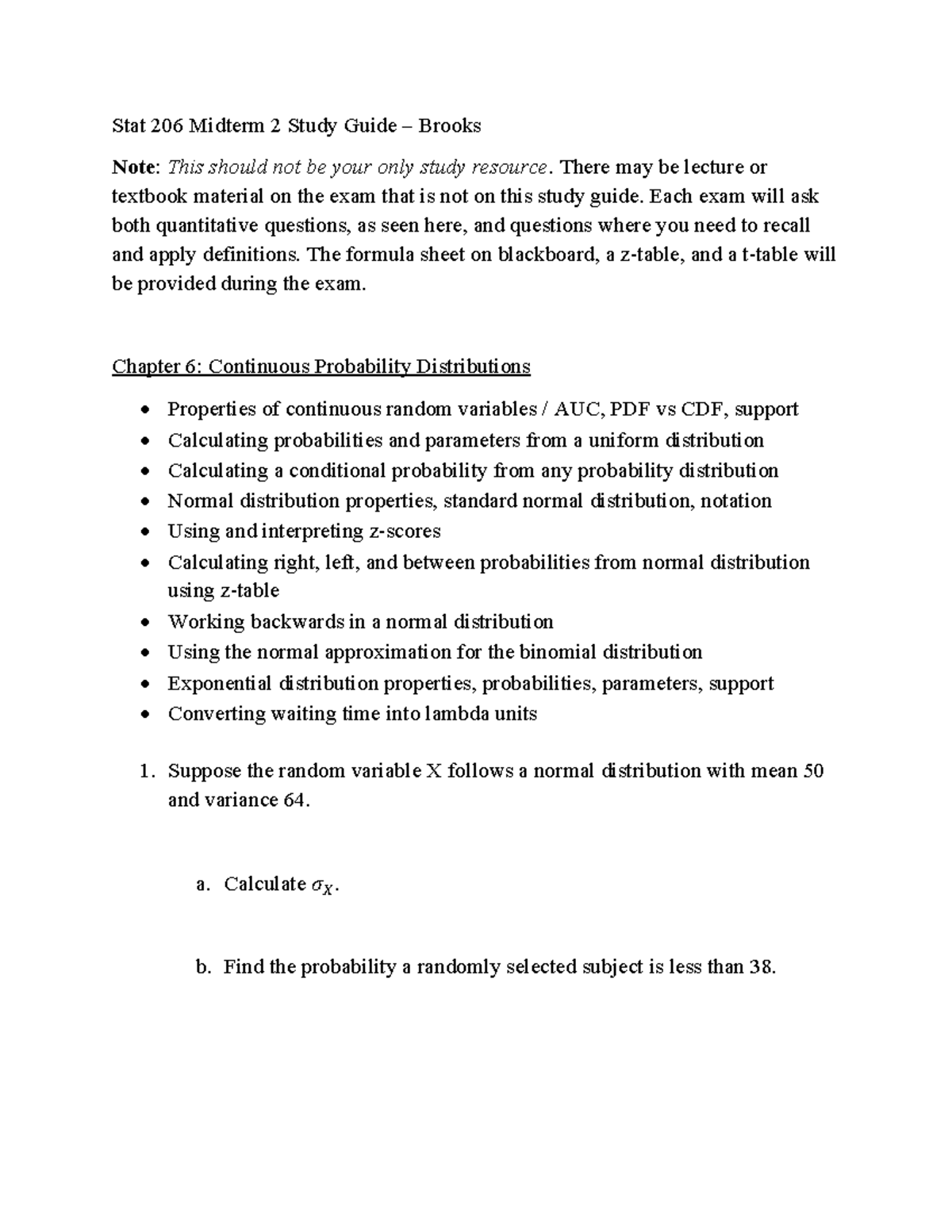 Stat 206 Midterm 2 Study Guide – Brooks - Studocu