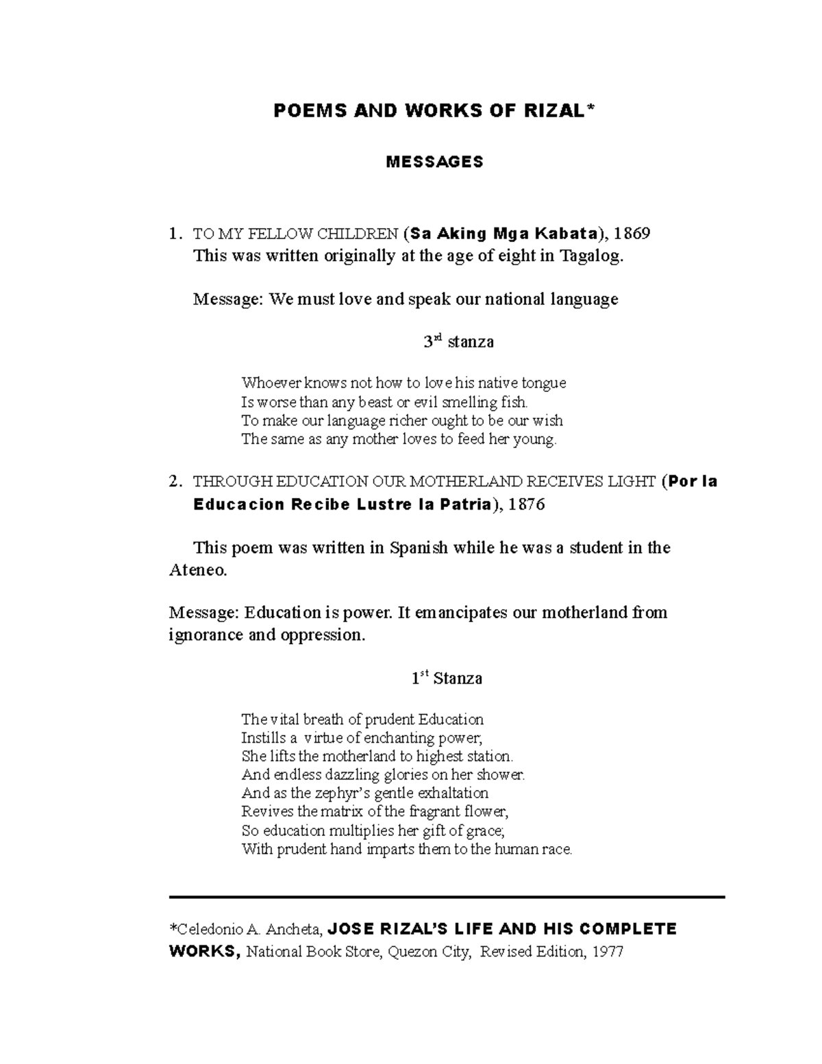 Poems and Works of Rizal: Insights and Messages for Filipinos - Studocu