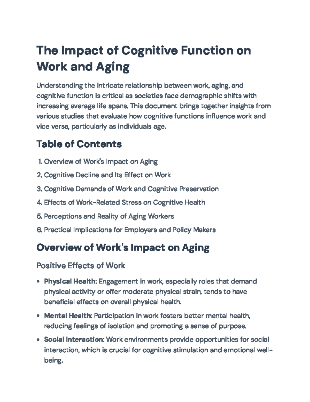The Impact of Cognitive Function on Work & Aging: Insights for ...
