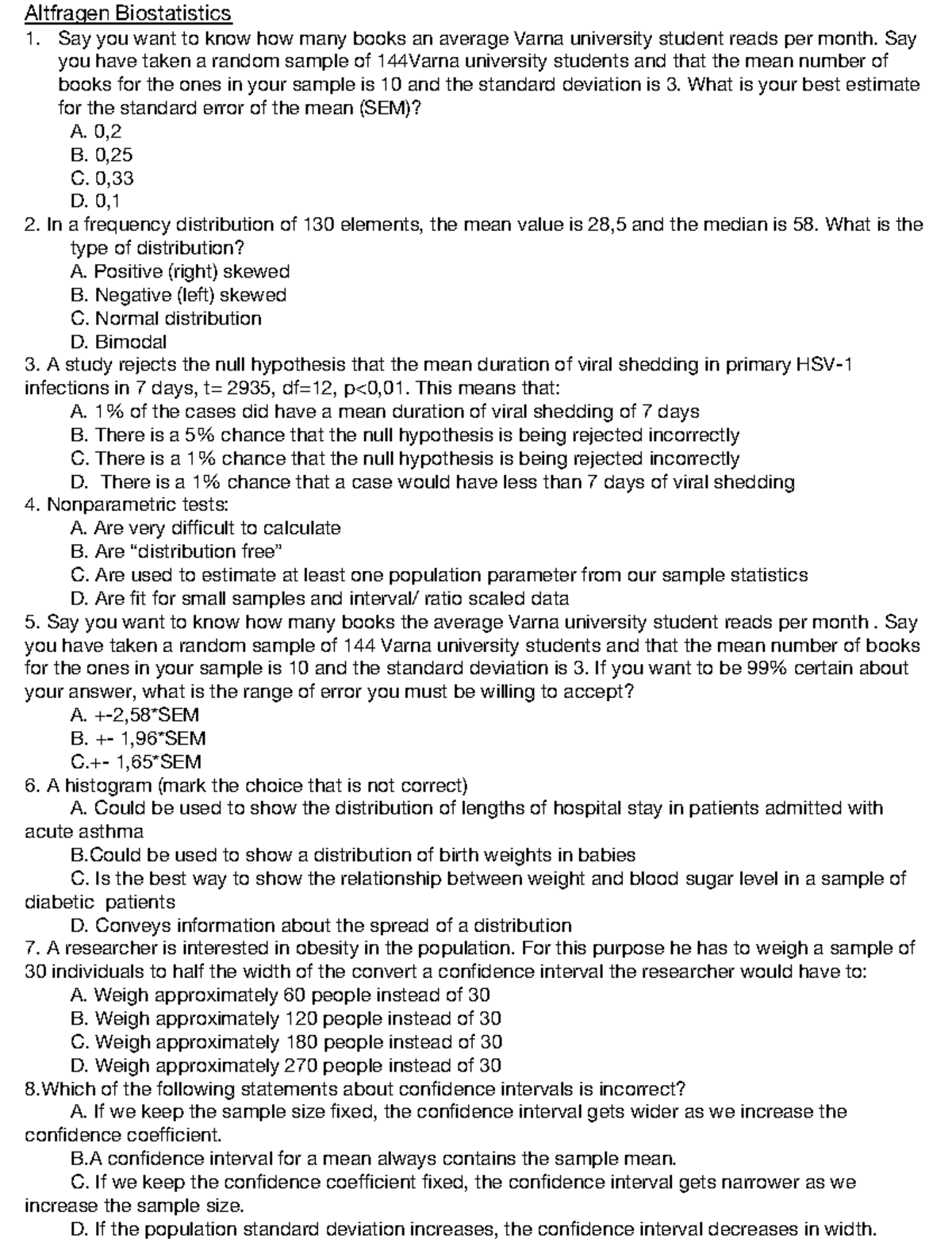Exam 6 April 2020, questions and answers - Altfragen Biostatistics Say ...