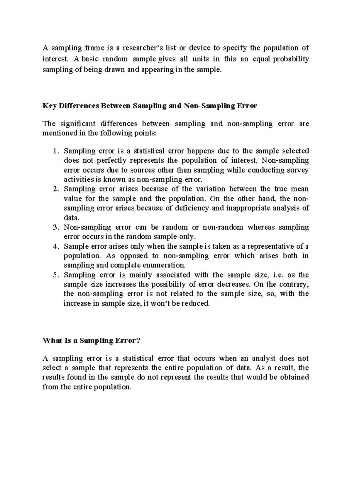 Sampling non sampling error - A sampling frame is a researcher’s list ...