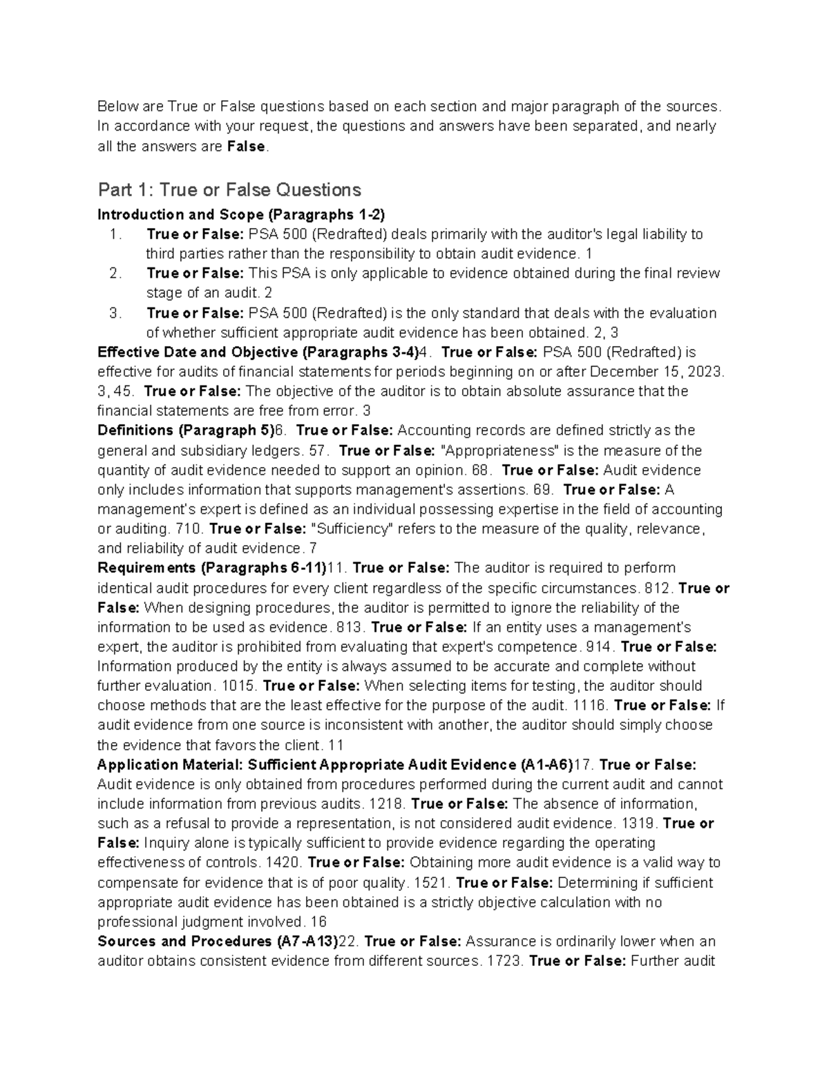 Audit Evidence Principles and PSA 500 True/False Questions - Studocu