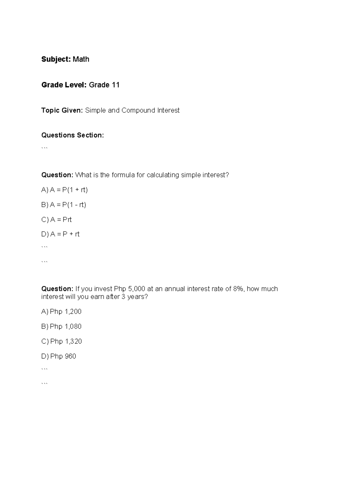 Quiz Math - Mathematics Grade 11 - Subject: Math Grade Level: Grade 11 ...