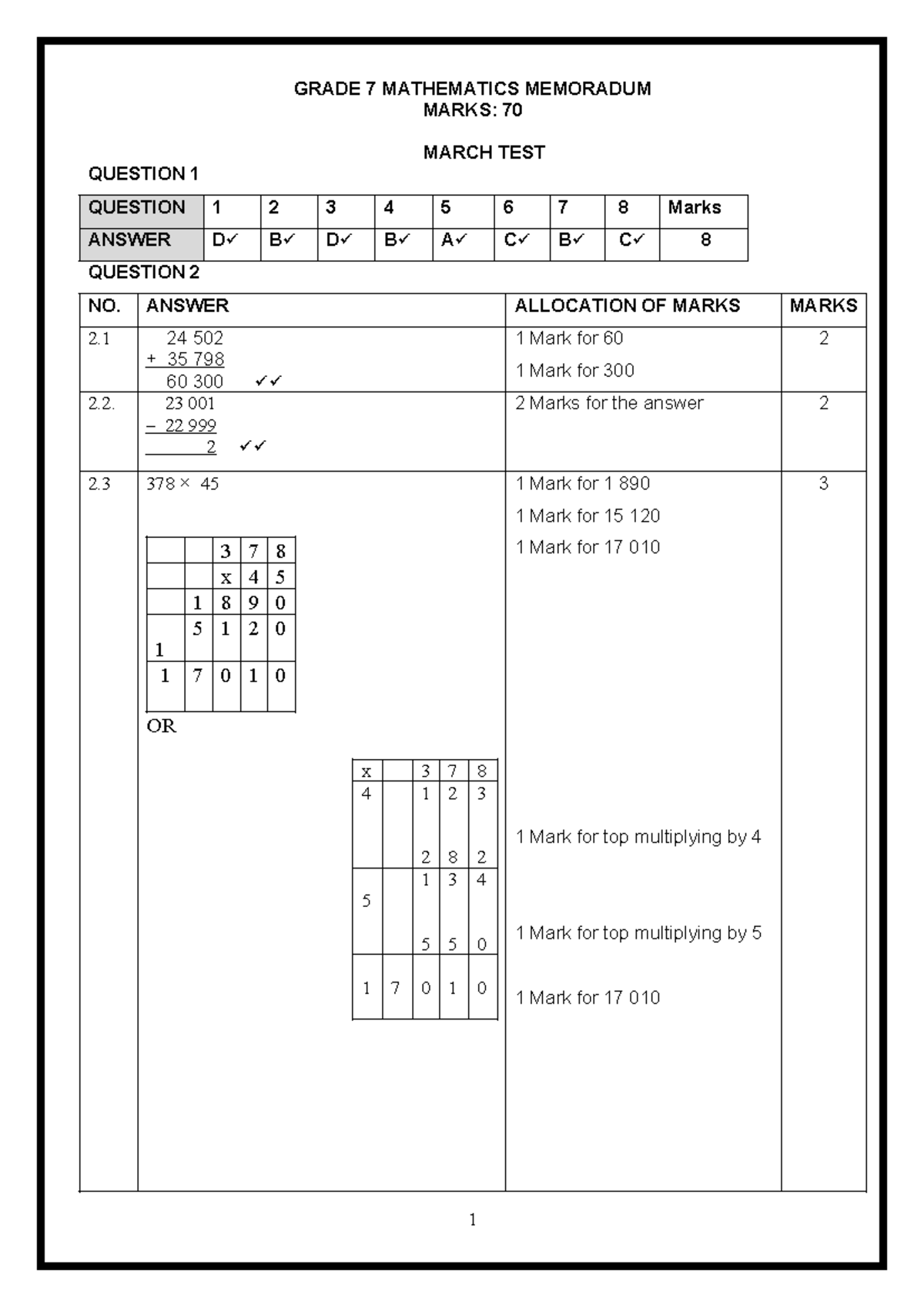 GRADE 7 MATHEMATICS MARCH TEST MEMO - TERM 1 - Studocu