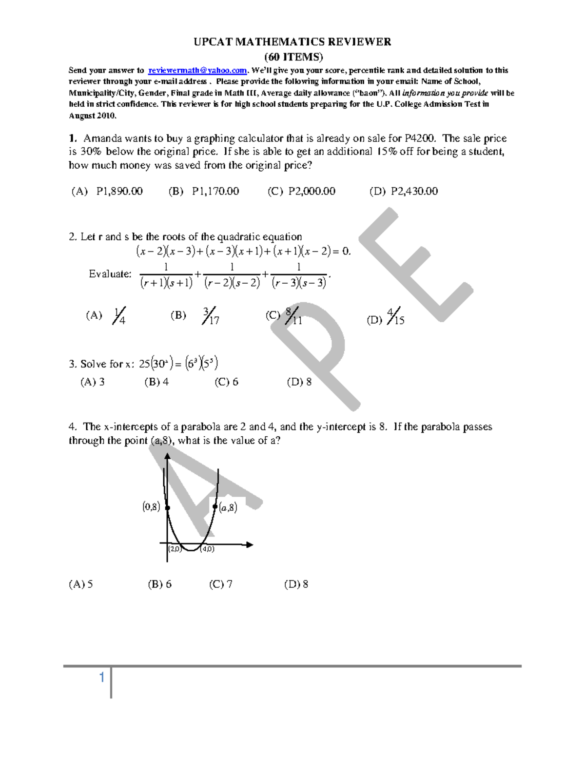 Math Quiz 1 - Mock test for SASE - (60 ITEMS) Send your answer to ...
