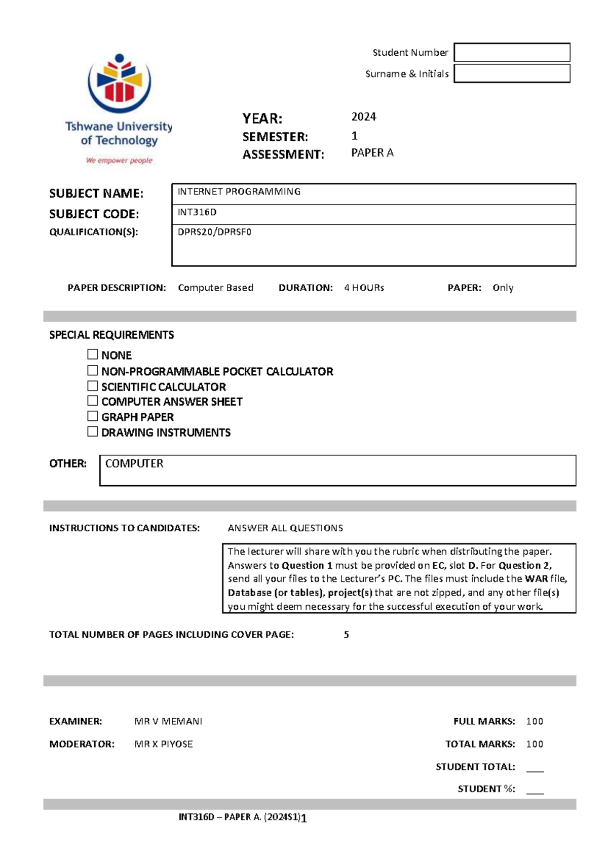 INT316D 2024S1 Exam Paper A: Internet Programming Assessment 1 - Studocu