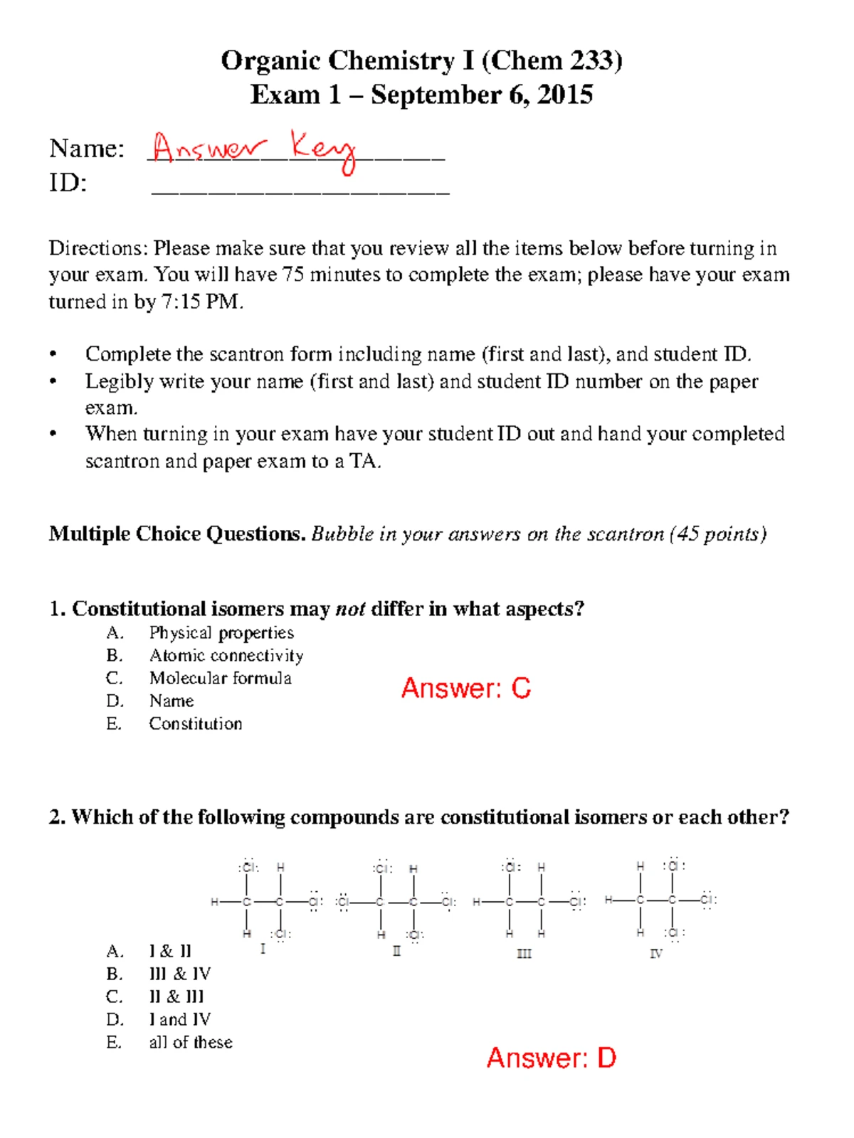 Orgo I Exam 4 Version A Answer Key (UD) - CHE 3321 Answer key Exam IV ...