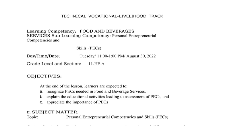 TECHNICAL TRACK: Lesson Plan on PECs in Food & Beverage Services - Studocu