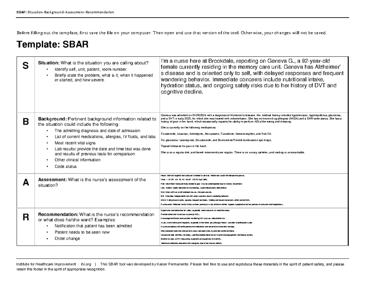 SBAR Template for Patient Assessment: Geneva G. Case Study - Studocu
