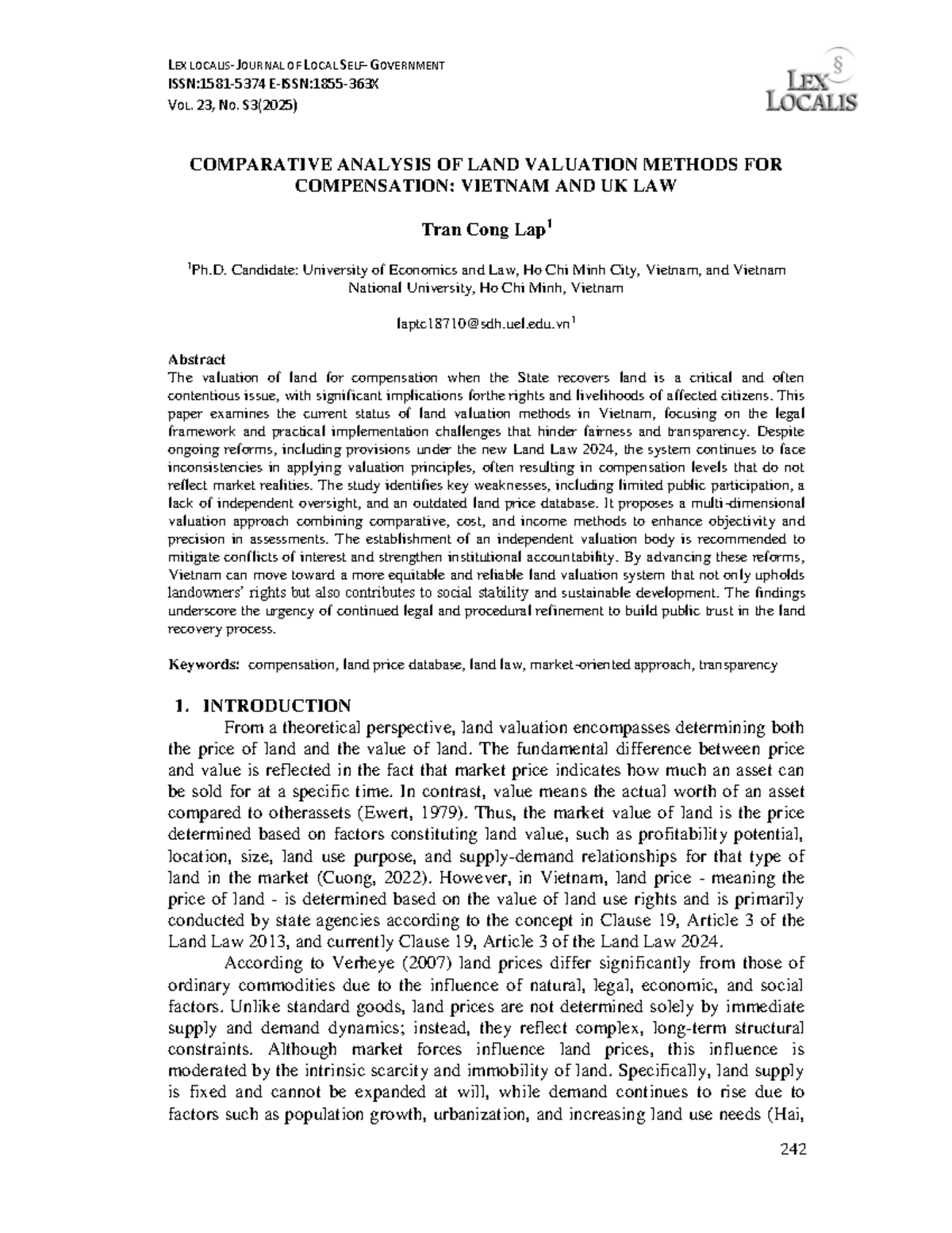 Comparative Analysis of Land Valuation Methods: Vietnam vs. UK Law (LEX ...