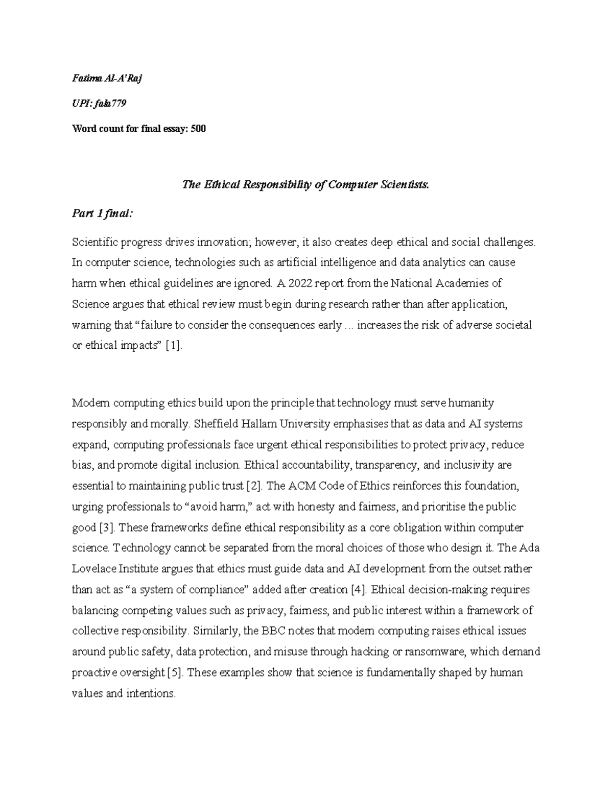 Compsci 110 Final Essay: Ethical Responsibilities in Computing - Studocu