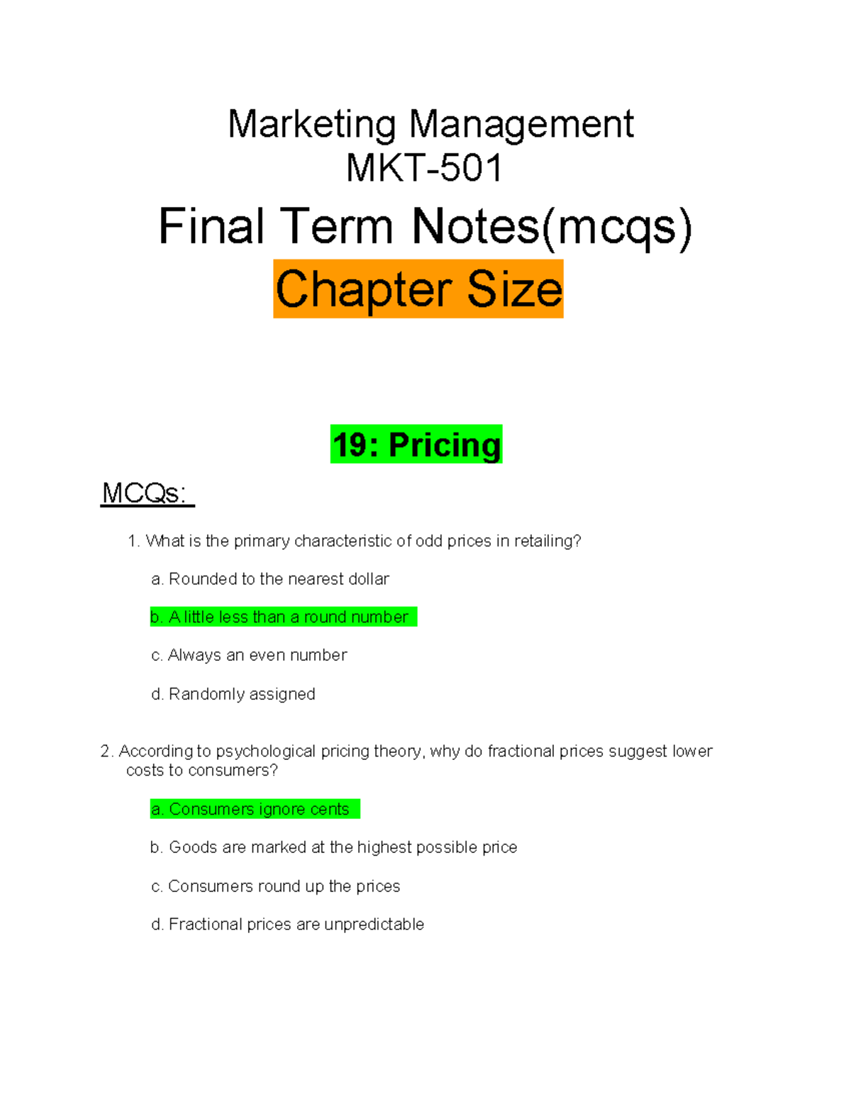 MKT-501 Final Term Notes: Pricing MCQs and Key Concepts - Studocu