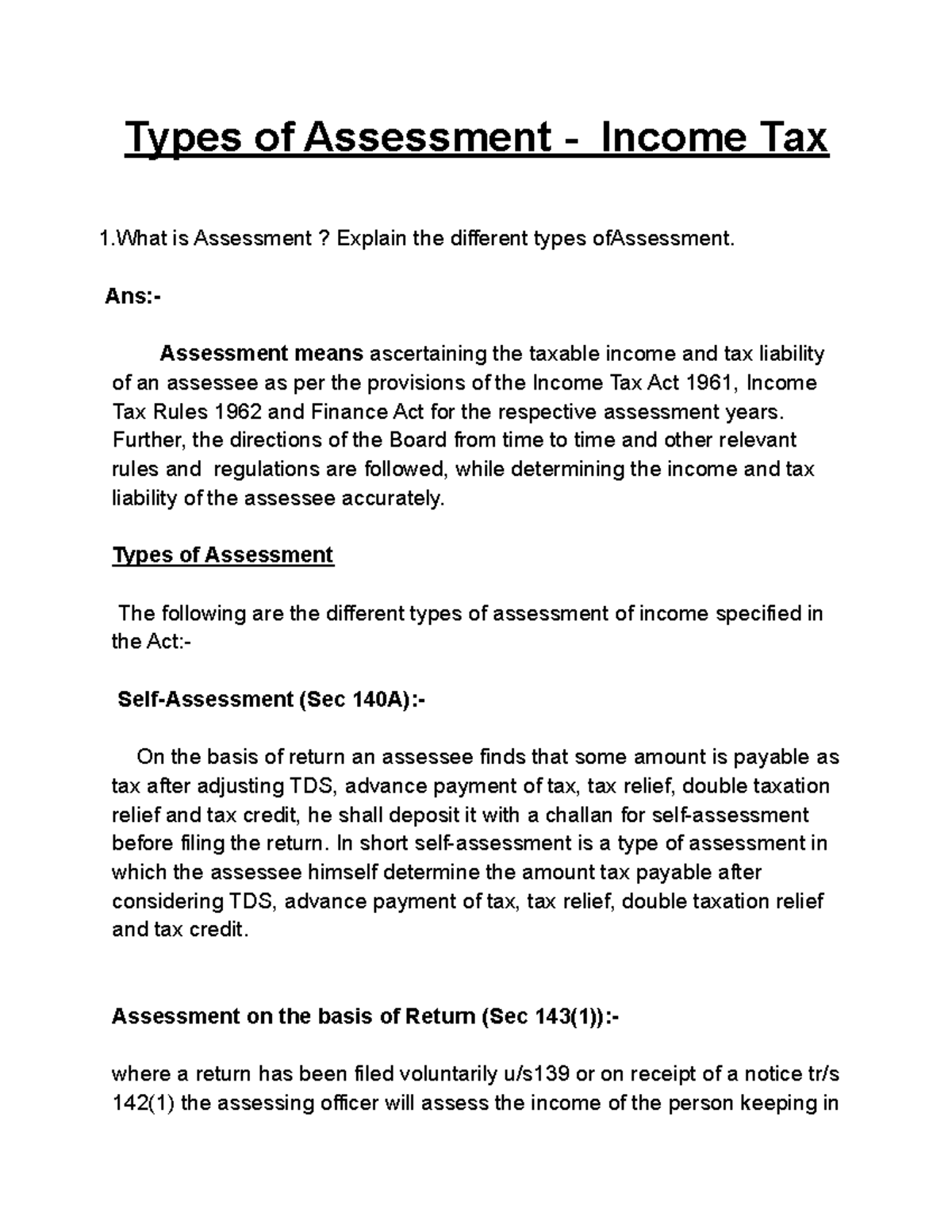 Types of Assessment   Income Tax   Ans  Assessment means ...