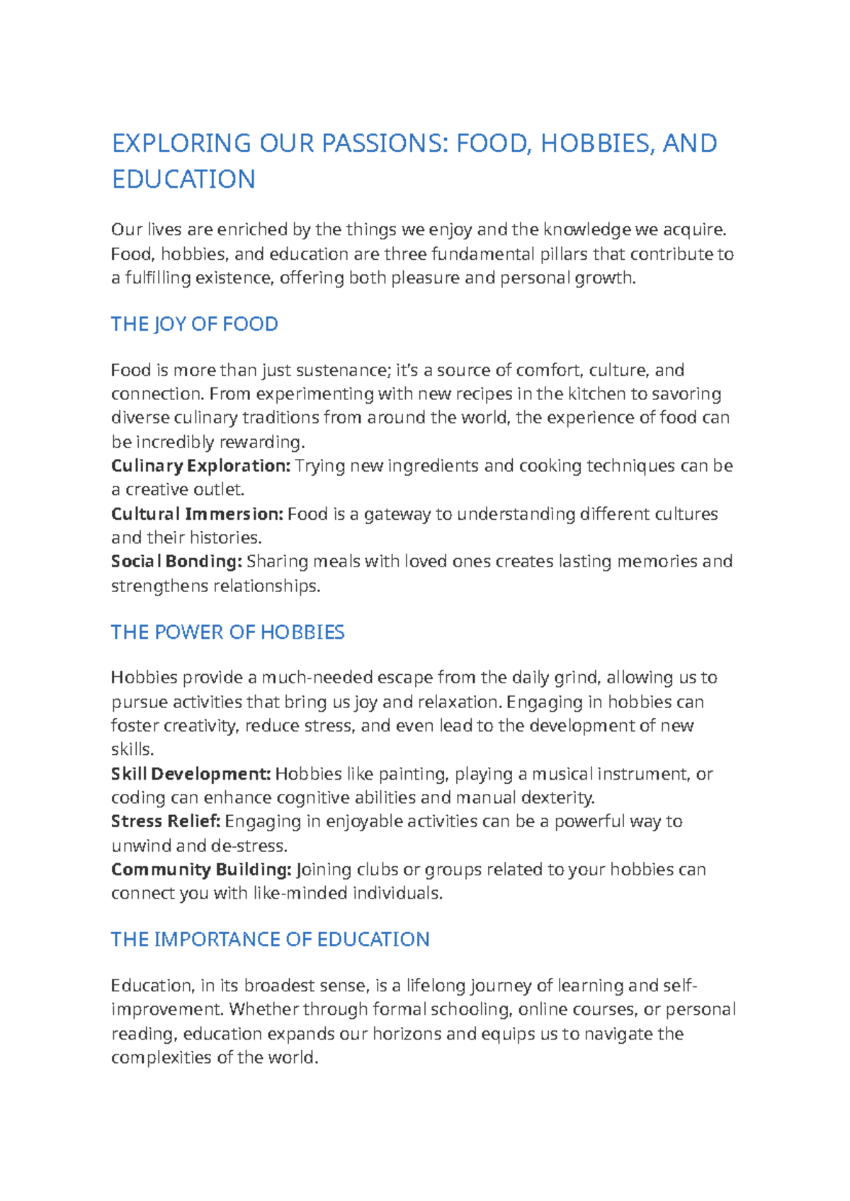 Food, Hobbies, and Education: Exploring Our Passions - Studocu