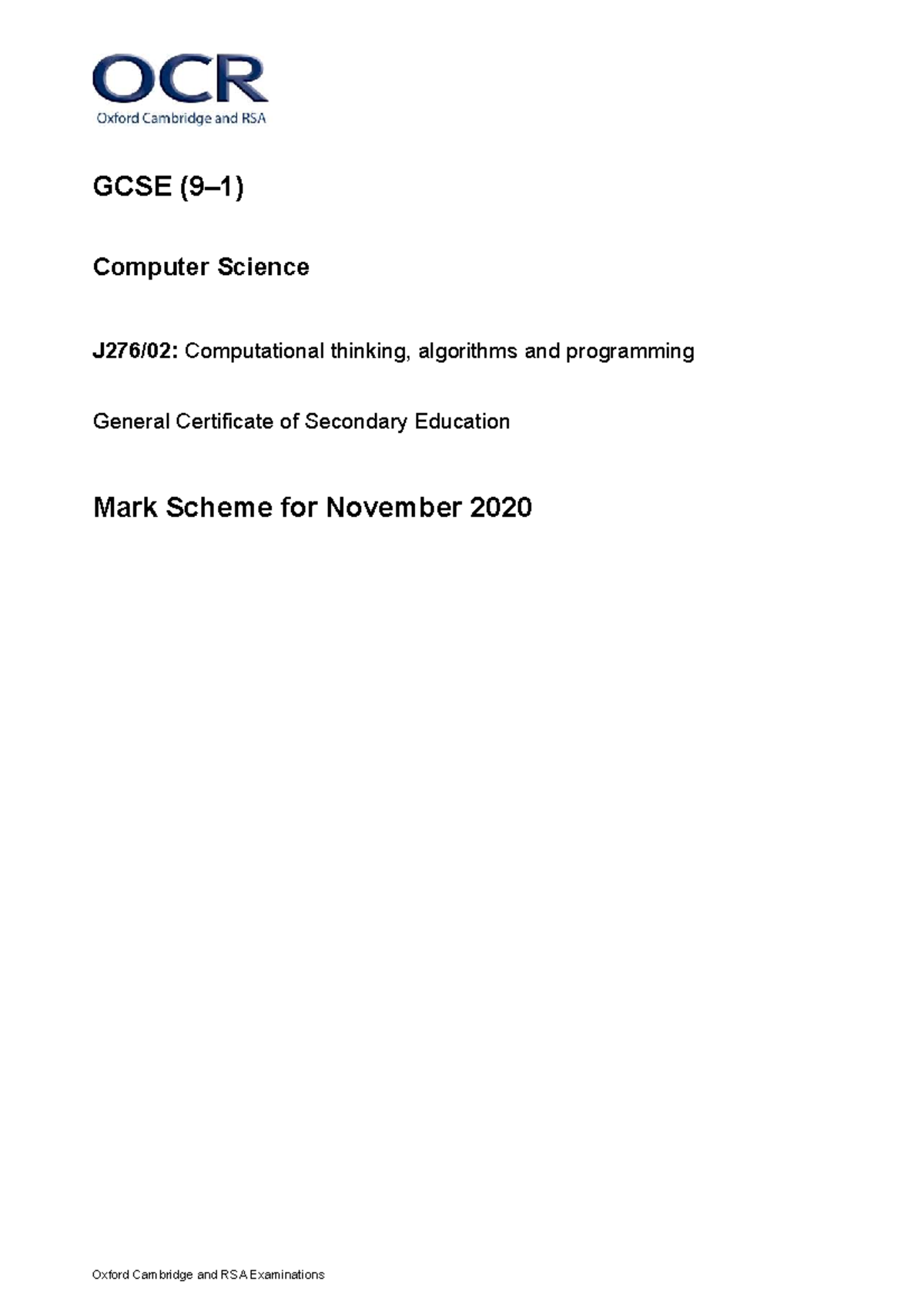 GCSE Computer Science: Nov 2020 Computational Thinking & Programming ...