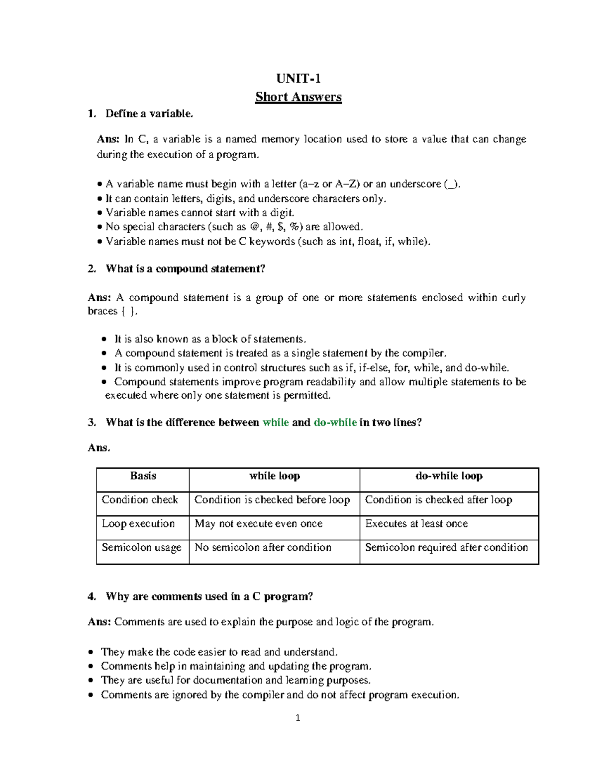 PPS-UNIT 1 - C Programming Short Answer & Long Answer Q&A - Studocu