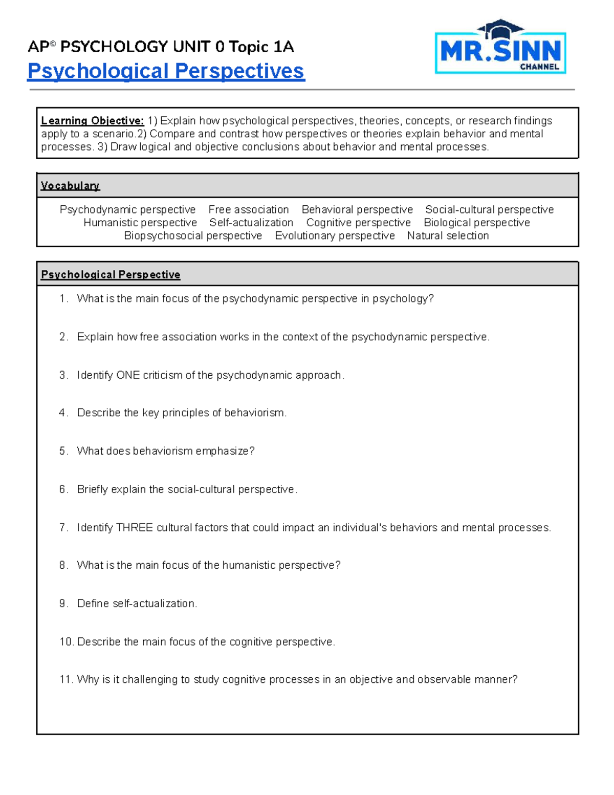 PSY 101 Unit 0: Exploring Psychological Perspectives and Theories - Studocu