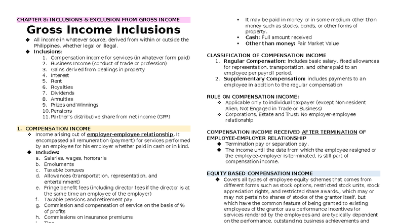 CHAPTER 8: INCLUSIONS & EXCLUSIONS FROM GROSS INCOME (Intax C8) - Studocu