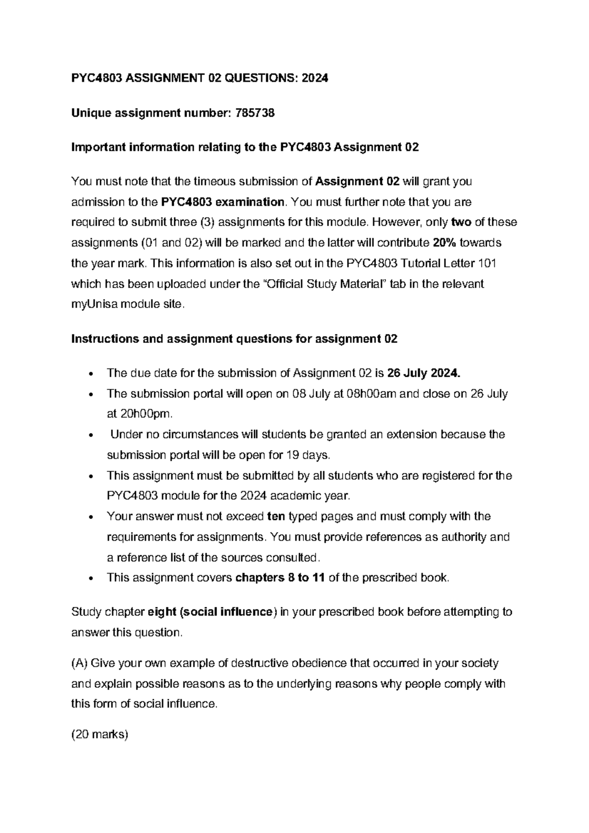 PYC4803 ASSIGNMENT 02: Questions & Guidelines for Submission - Studocu